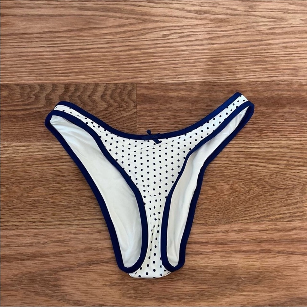 Frankie's Bikinis White Polka Dot Bikini Bottom with Navy Trim